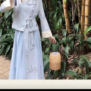 网红复古家尾货中式复古马面款式的半身裙 竹叶图案夏季蓝色长款