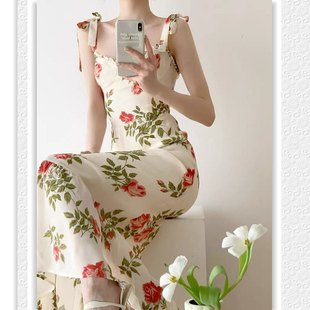 断码清-油画吊带鱼尾画册连衣裙 高腰很春天的花朵长款夏秋款