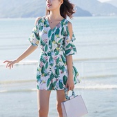 盛夏小清新短袖 清 度假椰子树图案连体连衣裤 V领露肩甜辣妹少女