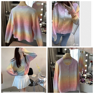 彩虹控的小仙女温柔风小开衫 渐变晕染针织毛衣女装 春秋温油上衣