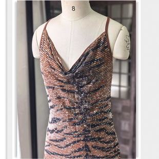 外单尾货重工亮片礼服款连衣裙 性感优雅复古虎皮纹修身长款开叉