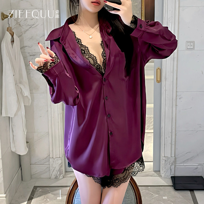 姿趣性感睡衣深V蕾丝拼接假两件衬衫式睡裙长袖家居服套装女6413