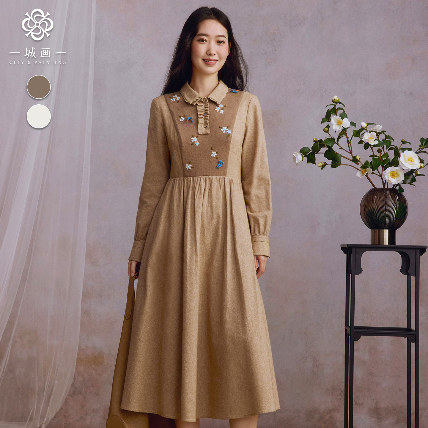 【翠不争艳】一城画一2025冬季新款复古时尚拼接文艺长款连衣裙