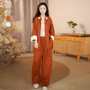 【抖音同款】一城画一秋季时尚简约宽松垂感纯色棉麻混纺套装