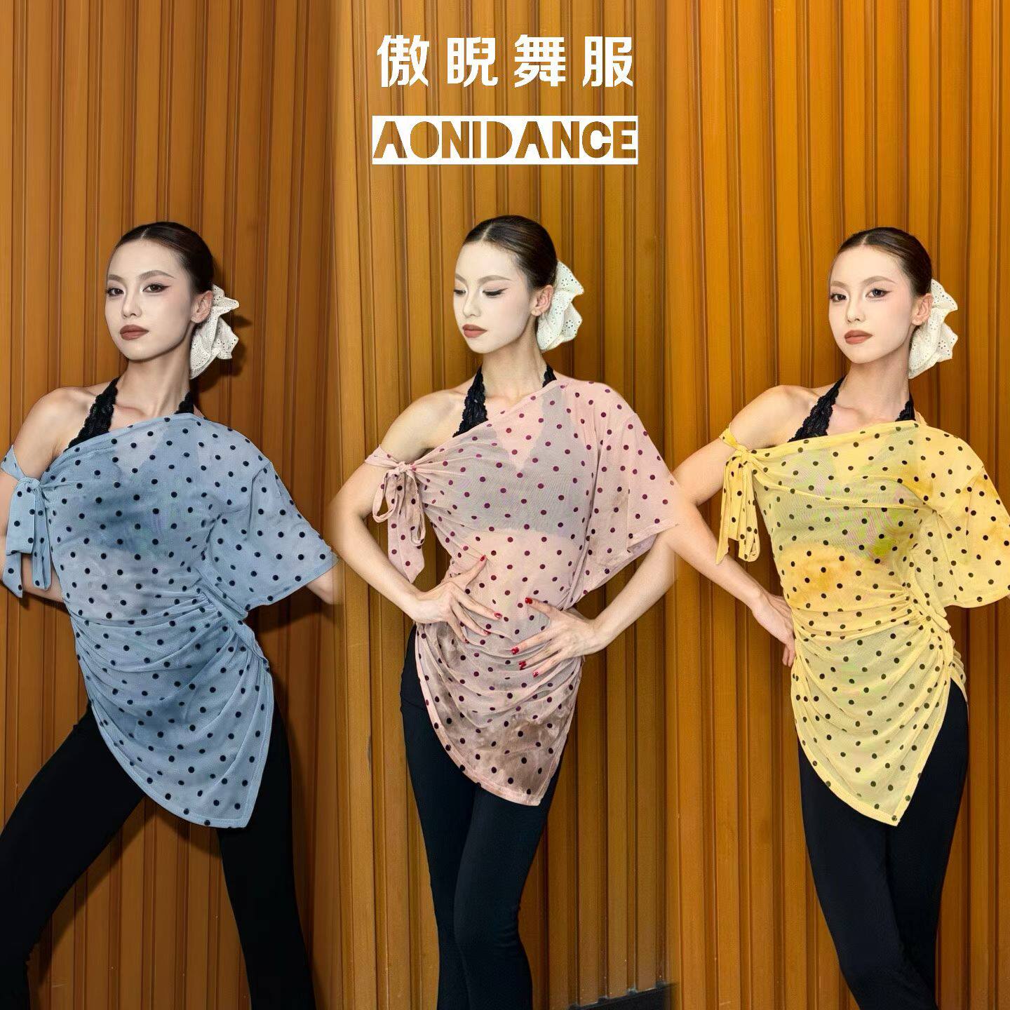 傲睨拉丁舞服短袖斜肩绑带波点罩衫上衣网纱晕染面料练舞教课女士