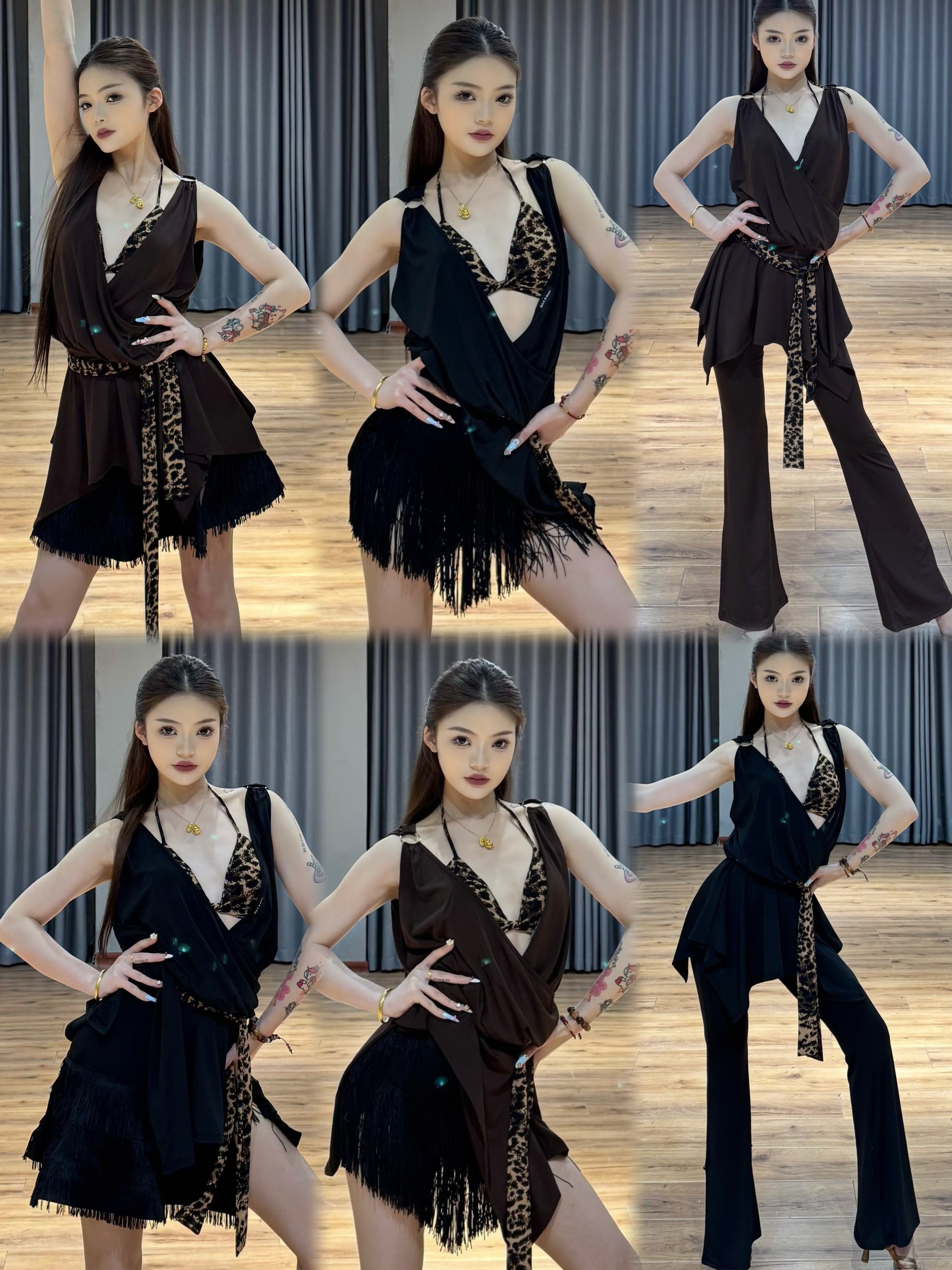 ELLA-D拉丁舞服棕黑色无袖罩衫豹纹内衣流苏半身裙喇叭裤练舞表演