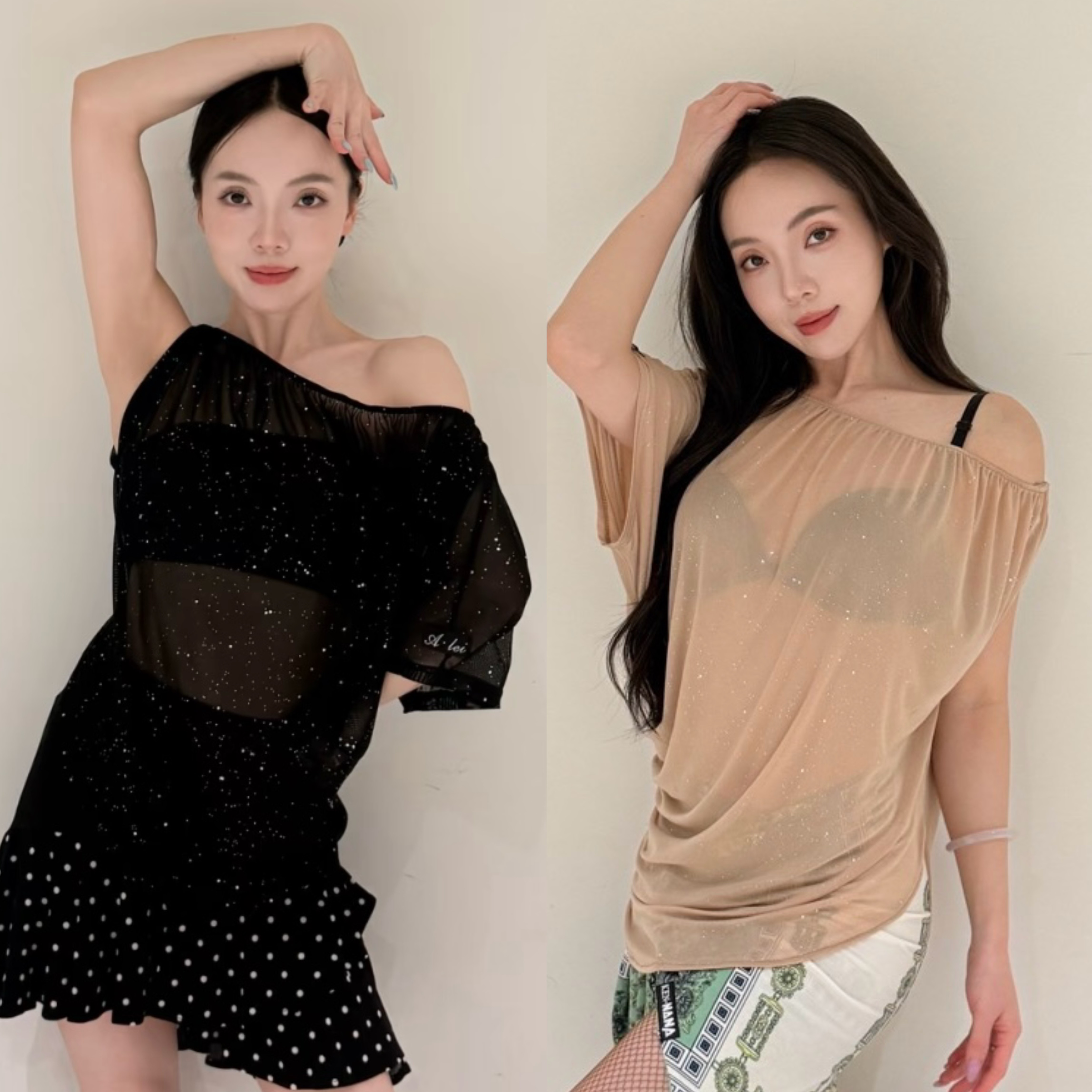 Alei拉丁舞服亮闪闪短袖单肩斜肩罩衫上衣透黑肤色练舞教课表演女