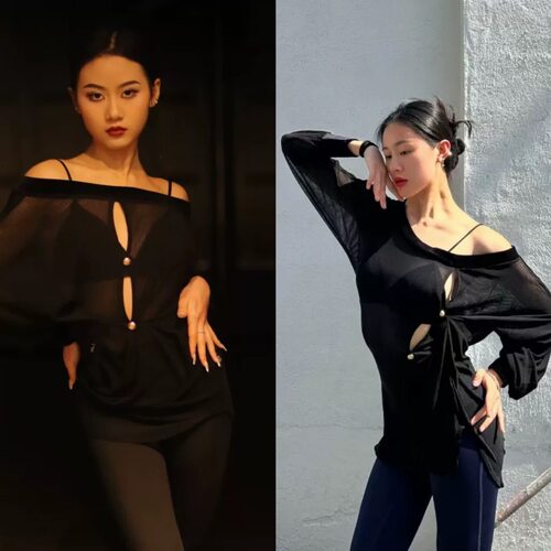 Loyal拉丁舞服一字肩镂空网纱上衣黑色罩衫长袖练功服教师舞服女
