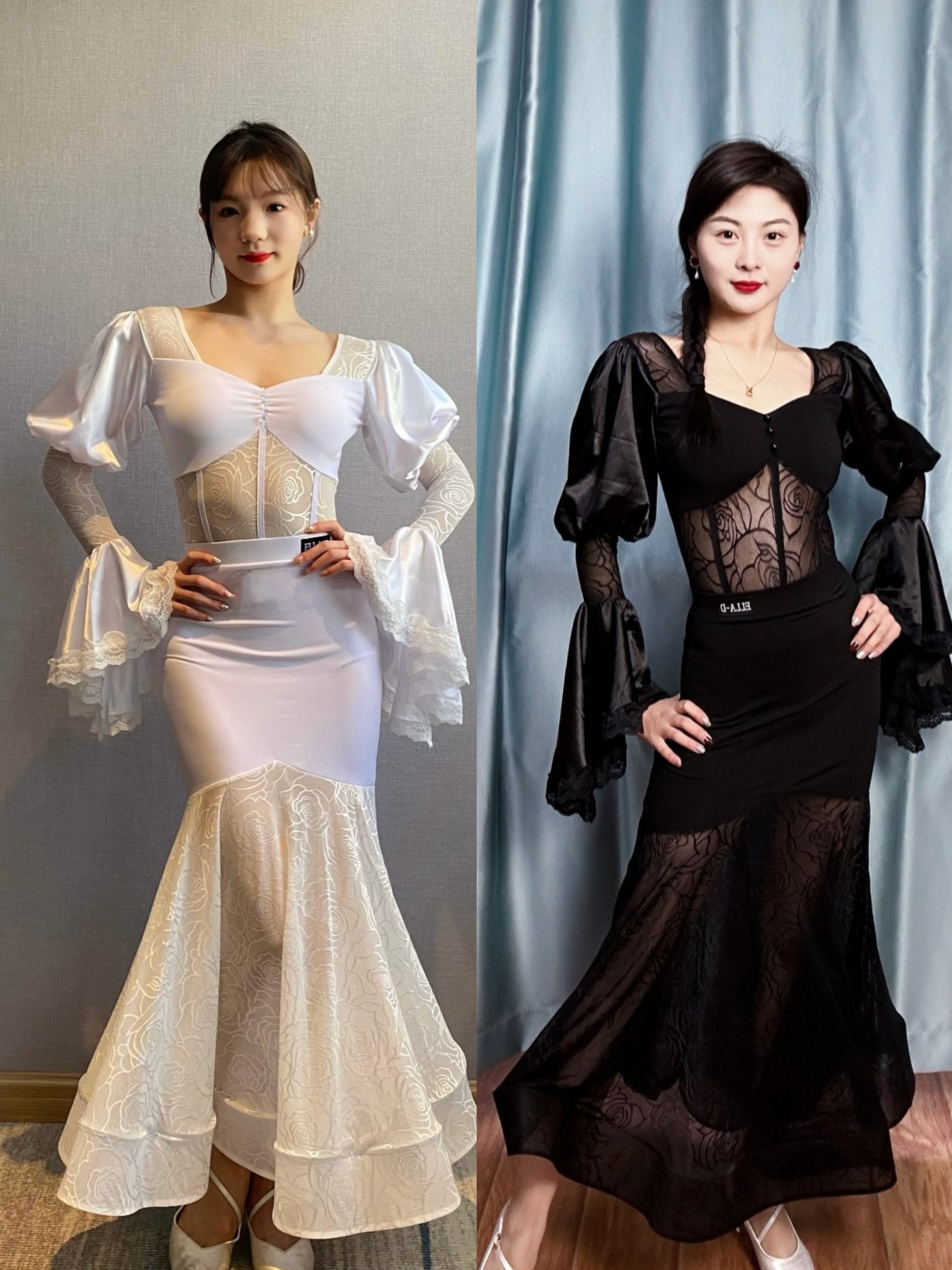 ELLA-D摩登舞服玫瑰网纱黑白色套装喇叭袖上衣鱼骨长裙艺考表演女