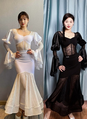 ELLA-D摩登舞服玫瑰网纱黑白色套装喇叭袖上衣鱼骨长裙艺考表演女