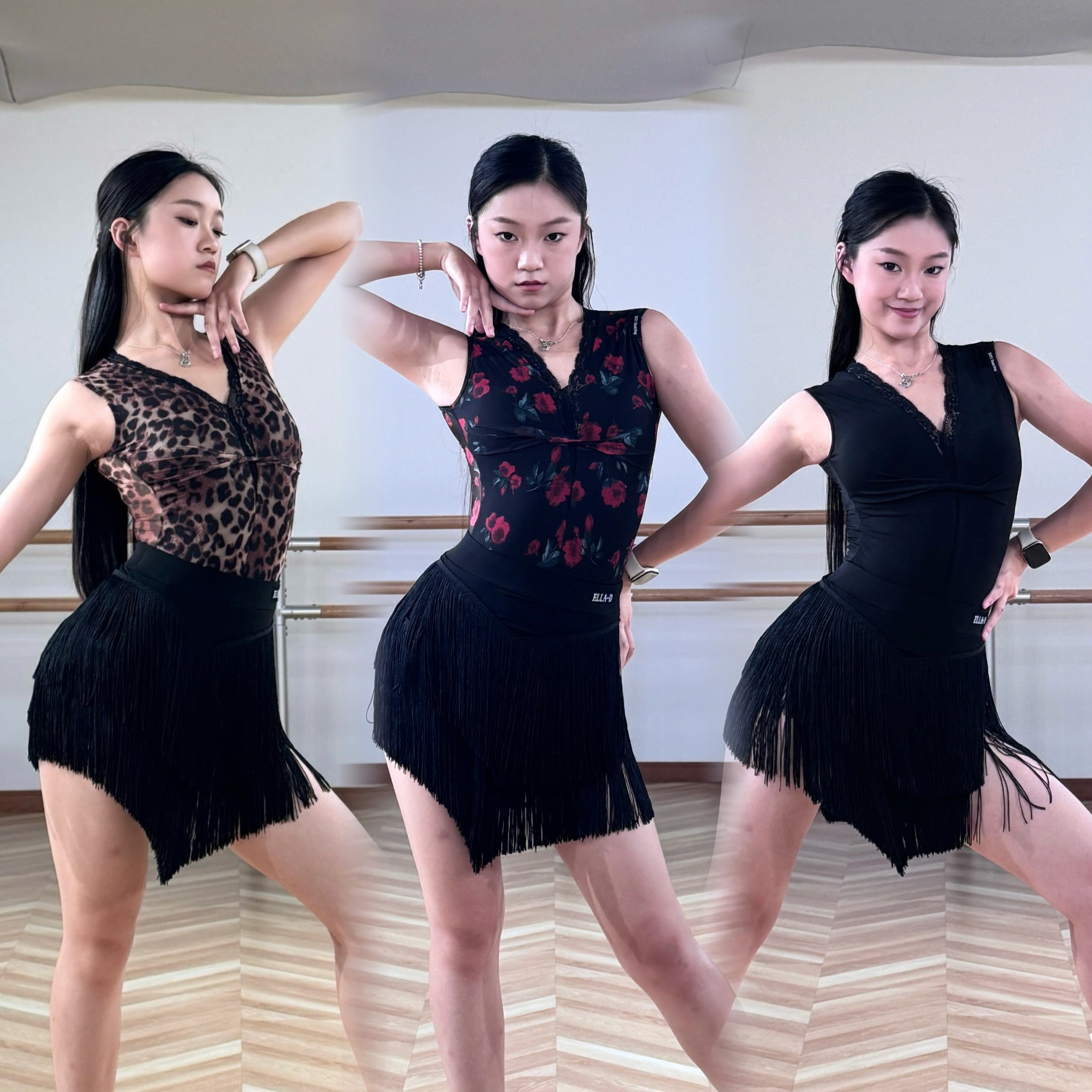 ELLA-D拉丁舞服豹纹印花黑色蕾丝网纱无袖上衣流苏半身裙练舞表演