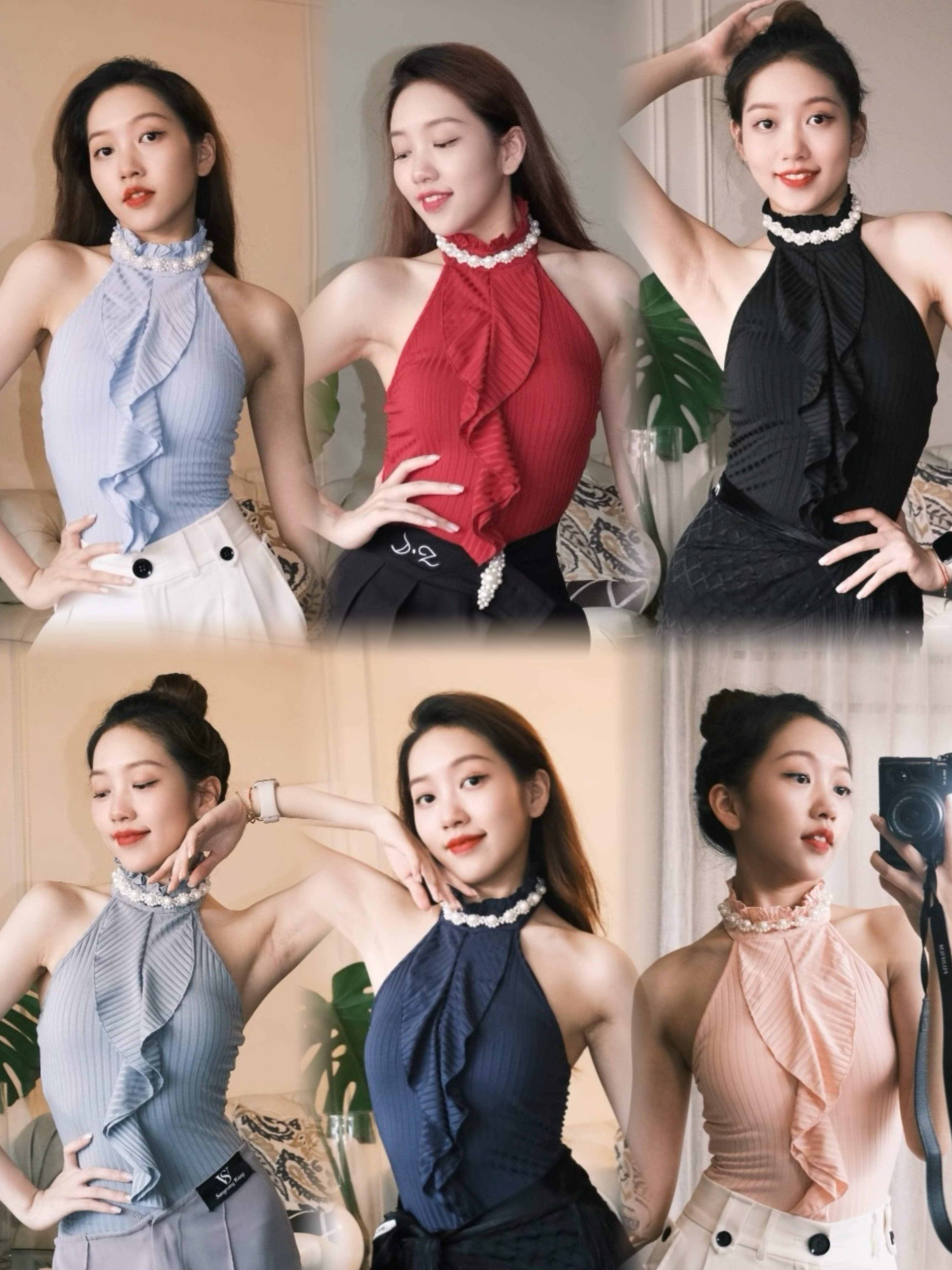 Loyal拉丁舞服珍珠挂脖无袖上衣条纹连体衣黑红蓝灰粉色练舞表演