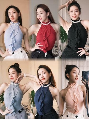 Loyal拉丁舞服珍珠挂脖无袖上衣条纹连体衣黑红蓝灰粉色练舞表演