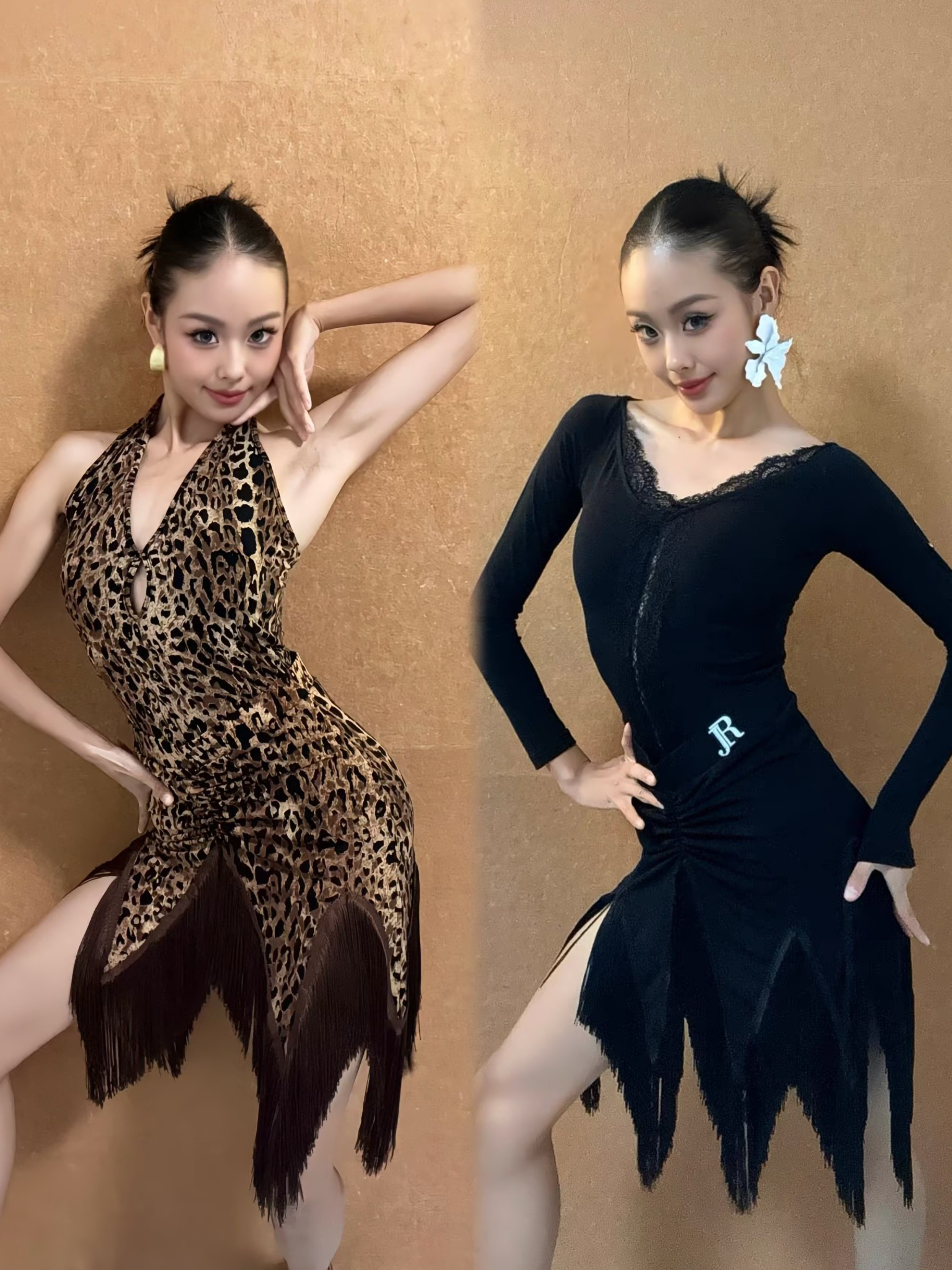 JIA拉丁舞服国标舞不规则流苏半身裙黑色棕豹纹练舞表演教课女士