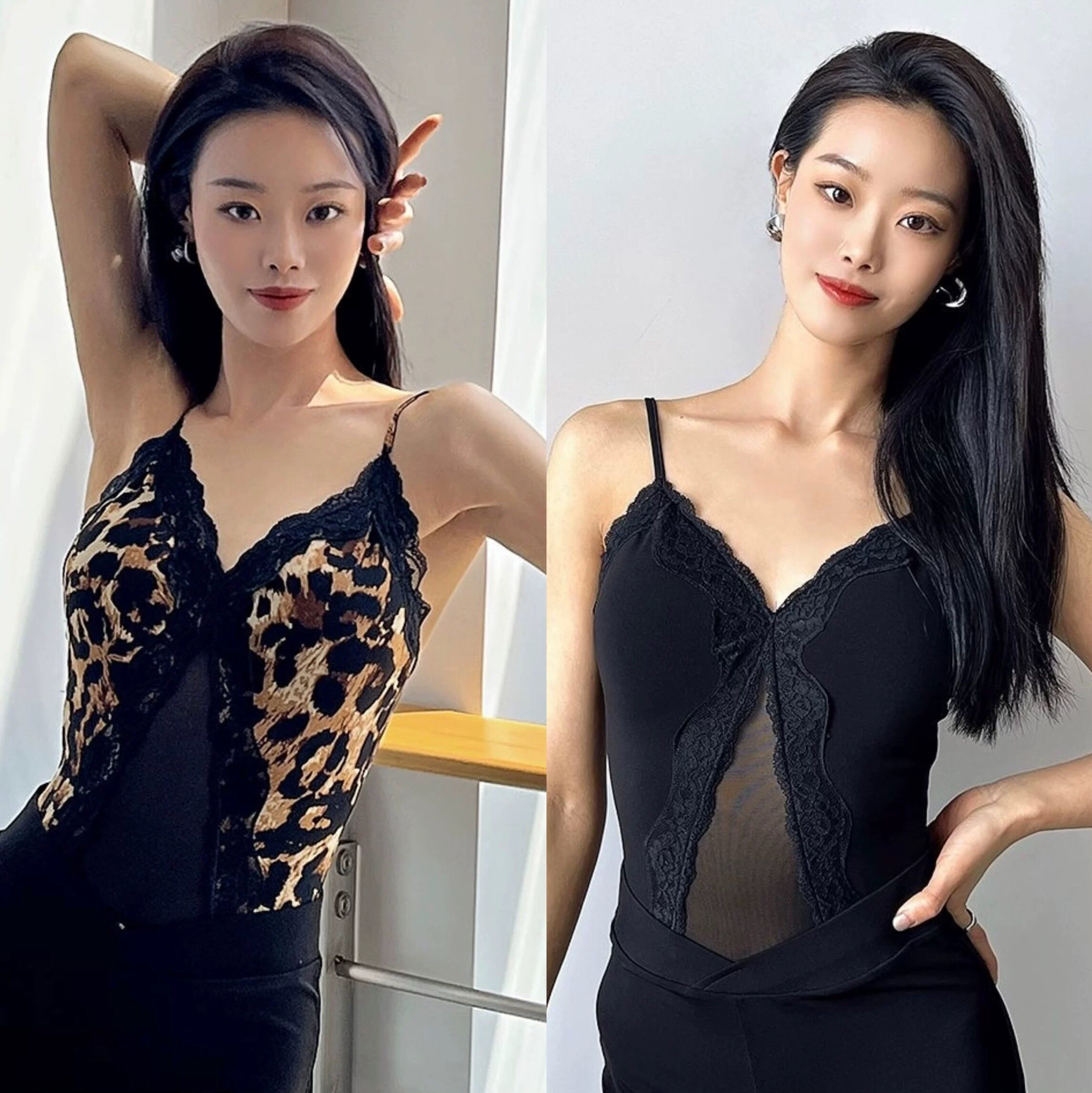 ELLA-D拉丁舞服蕾丝网纱吊带上衣黑色豹纹连体衣练舞表演教课女