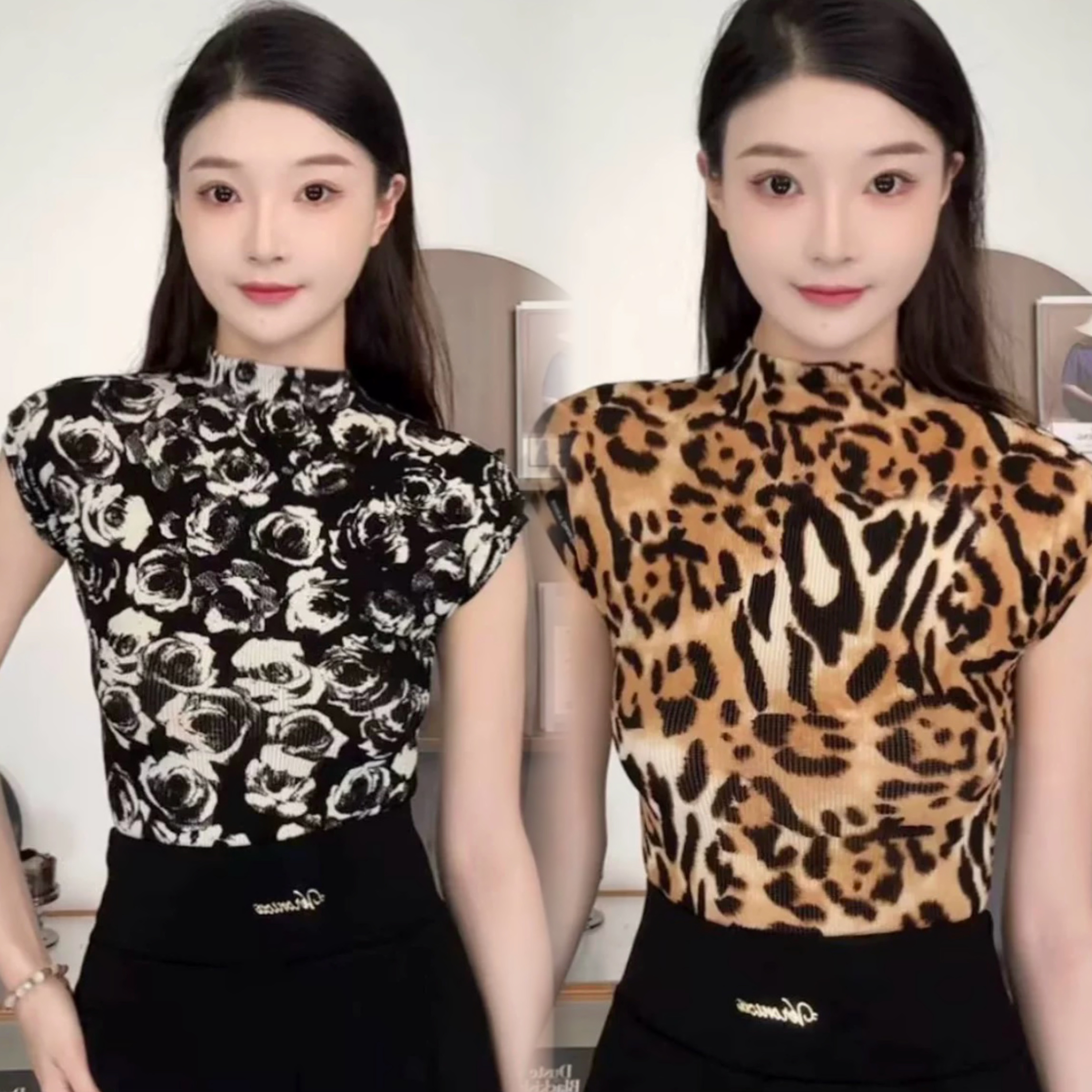 ELLA-D拉丁舞服小飞袖上衣黑白玫瑰棕豹纹高腰两穿裤练舞教课女士