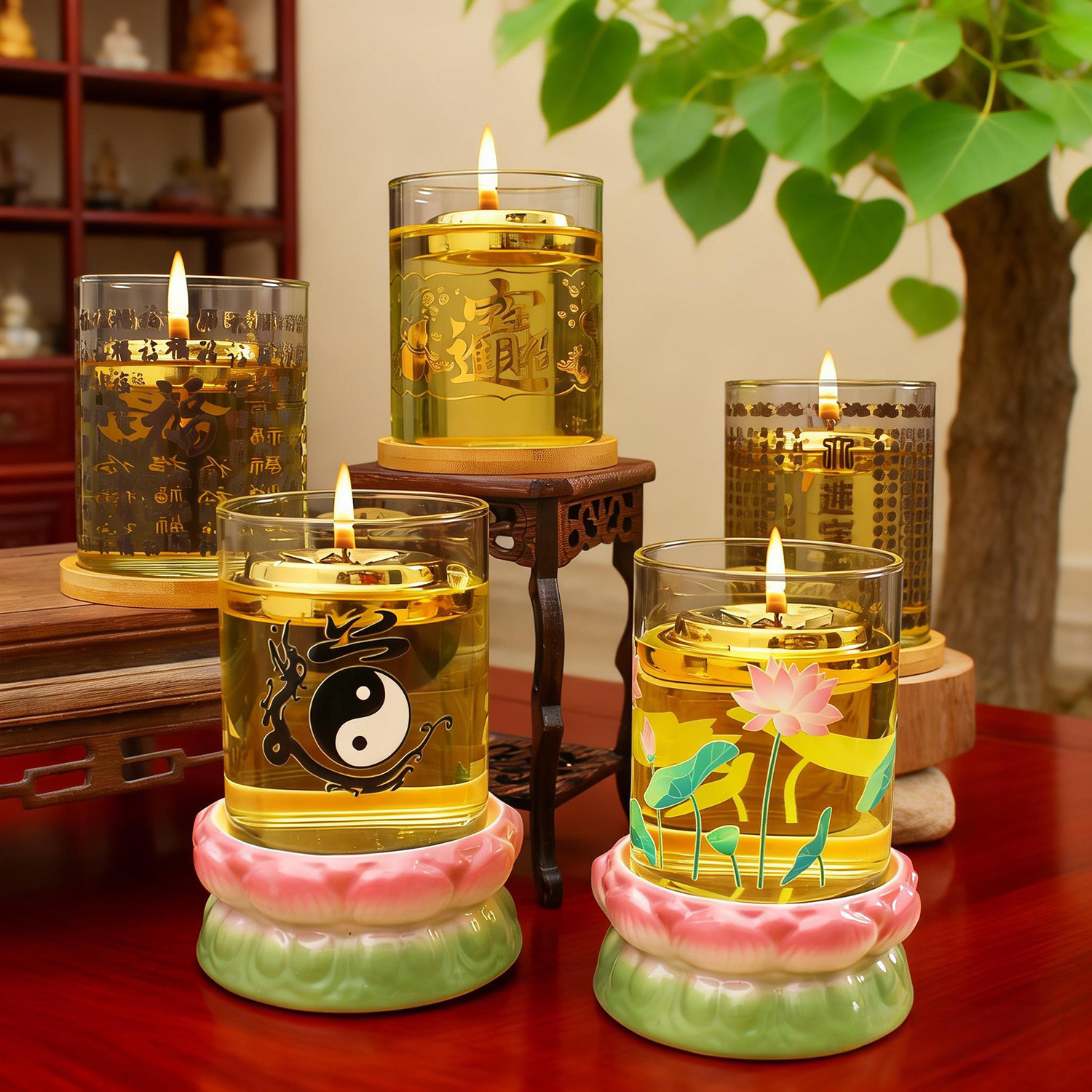 中式禅意玻璃莲花底座酥油灯图片