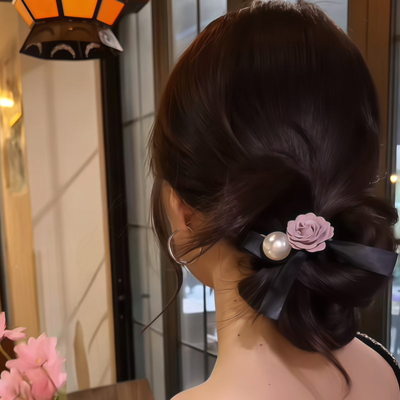 珍珠蝴蝶结山茶花发圈女