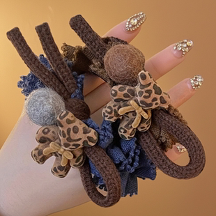 豹纹小熊毛线大肠发圈女高级感低马尾皮筋头花盘发丸子头绳发绳秋