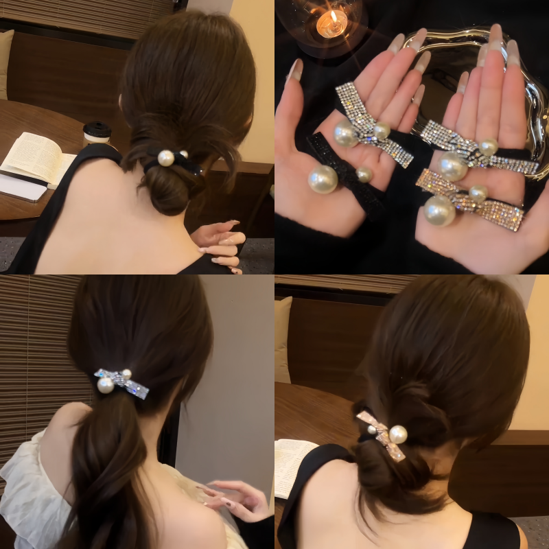 珍珠水钻蝴蝶结发圈女头绳高弹力名媛皮筋女生扎头发发绳高级感