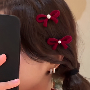蝴蝶结珍珠发夹女可爱红色侧边刘海夹2024新款前额小号发饰品配饰