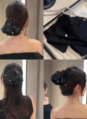气质黑色缎面裙摆珍珠抓夹女后脑勺盘发发夹马尾夹饱满显发量头饰
