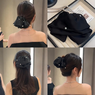 气质黑色缎面裙摆珍珠抓夹女后脑勺盘发发夹马尾夹饱满显发量头饰