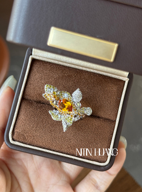 NITIN HUANG培育蓝宝石橙色蓝宝戒指欧美奢华通体925银高级感