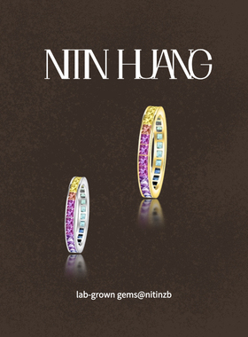 NITIN HUANG 培育蓝宝石 合成彩色宝石 彩虹渐变色戒指 925纯银
