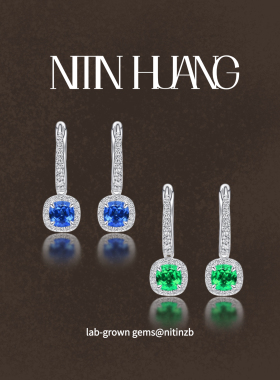 NITIN HUANG培育祖母绿肥方1克拉灵动气质耳钉S925银镀金钴尖晶