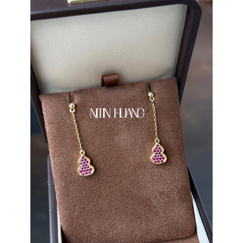 NITIN HUANG福禄满钻耳坠培育红宝石葫芦耳坠通体925纯银镀金