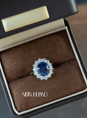 NITINHUANG培育蓝宝石戒指 戴妃同款围镶戒指通体925纯银时尚戒指