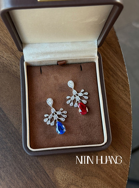 NITINHUANG为爱加冕水滴吊坠鸽血红宝石蓝小妖尖晶3克拉925银镀金