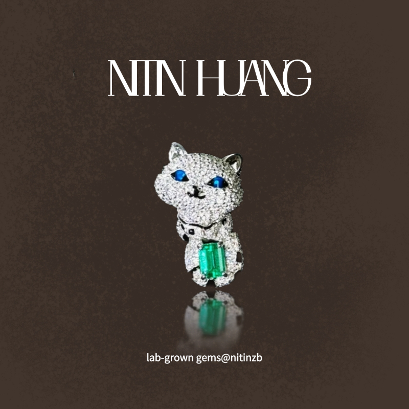 哥伦比亚祖母绿纯银猫咪吊坠