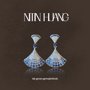 NITINHUANG 培育蓝宝石扇子耳坠蓝宝石耳钉通体925银镀金 明星同款