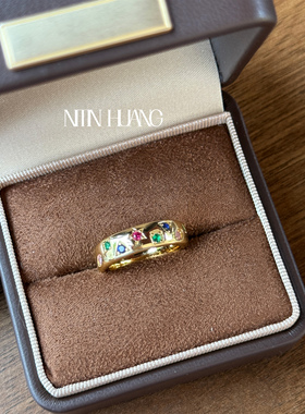 NITINHUANG权志龙同款彩虹培育蓝宝石几何星星戒指通体925纯银
