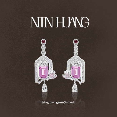 NITIN HUANG1克拉培育合成粉蓝宝耳坠 新中式古风耳钉