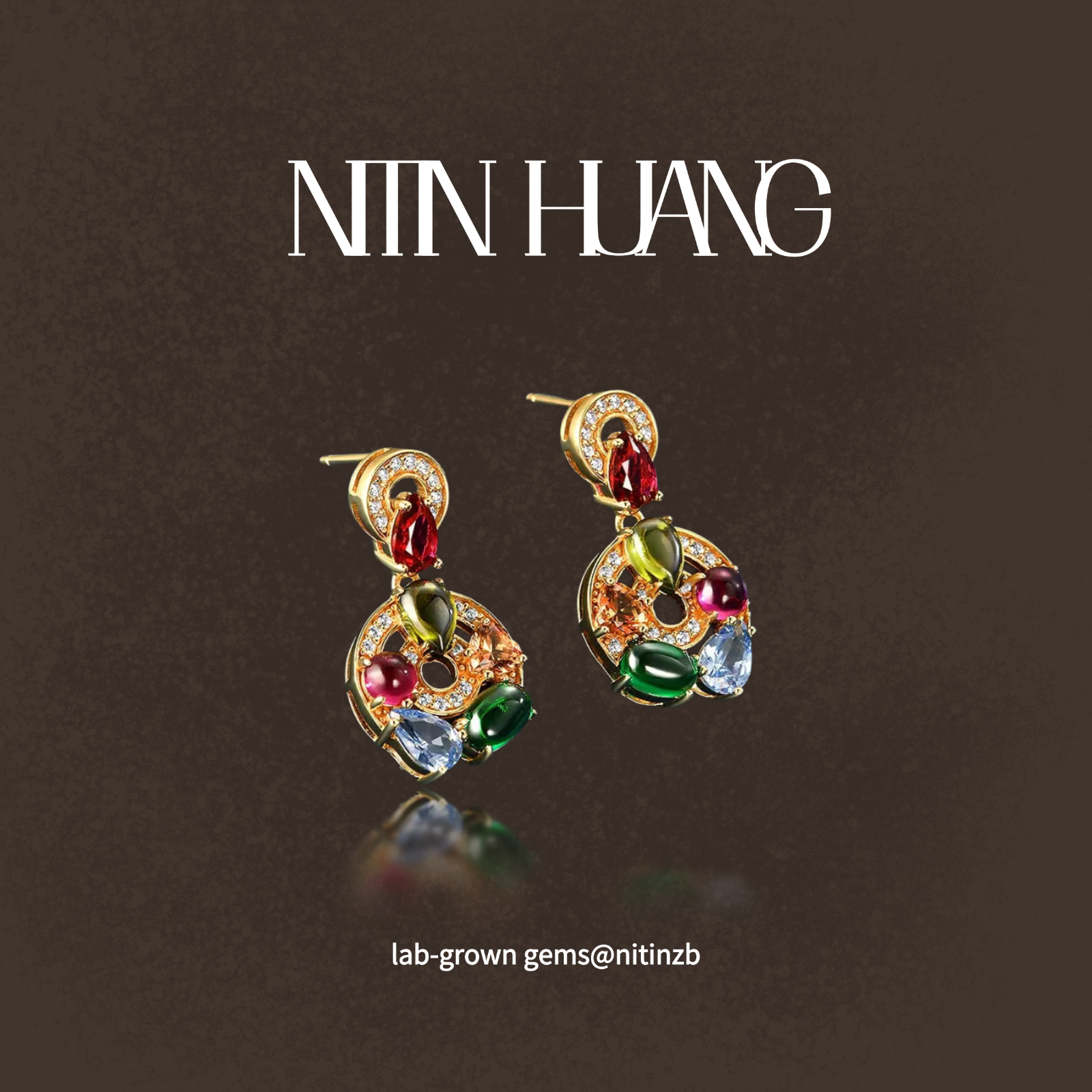 NITIN HUANG彩色培育宝石耳环B家元素0.8ct通体925纯银电镀真金