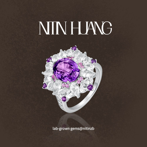 培育紫色蓝宝石戒指白蓝宝石围镶