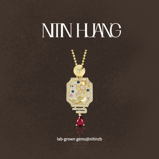 NITIN 荷花吊坠925银镀金 HUANG鸽血红培育红宝石1克拉新中式