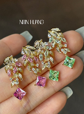 NITIN HUANG霓町培育蓝宝石柳絮绿色蓝宝石耳坠通体925纯银小清新