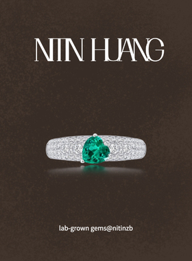 NITINHUANG 培育祖母绿1克拉 偏心戒指 通体925纯银 满钻镶嵌