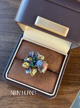 NITINHUANG天然蔷薇辉石珐琅釉工艺花间迷藏戒指通体925银镀金