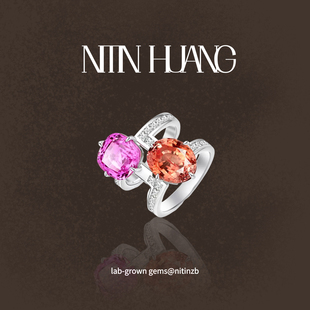 NITINHUANG培育蓝宝石双子星撞色戒指培育帕帕拉恰5克拉通体纯银