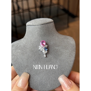 NITIN HUANG培育粉色蓝宝石3.5ct撞色吊坠花簇吊坠高级气质