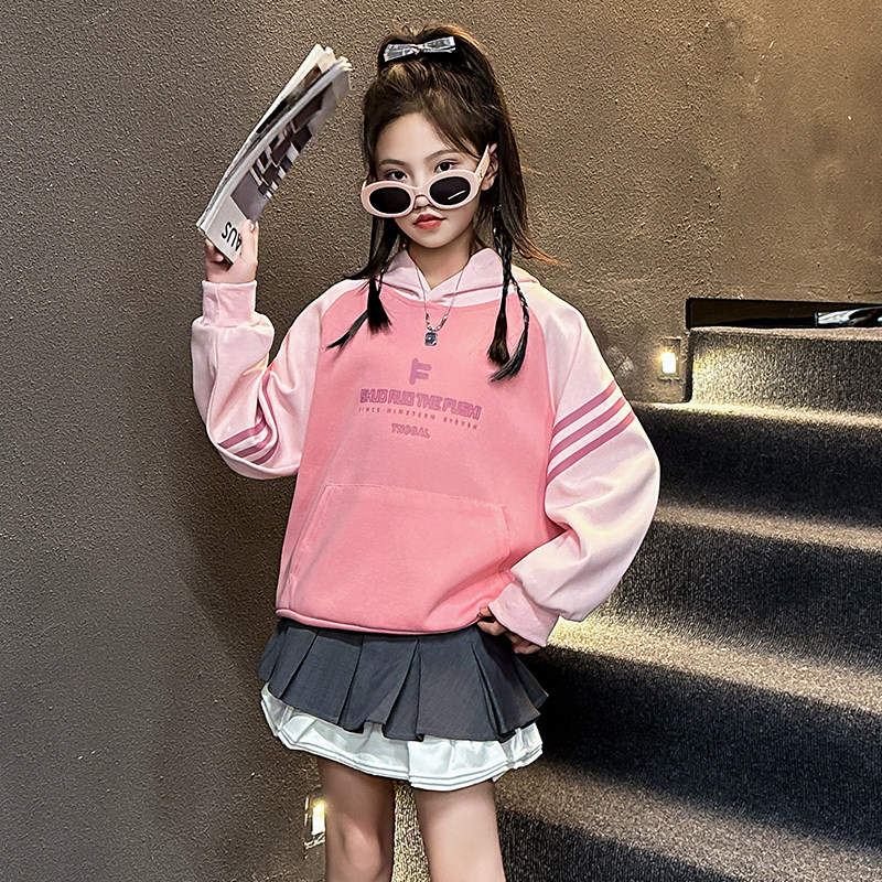 女童连帽卫衣春秋2025新款儿童秋装拼色上衣大童女孩秋季宽松长袖