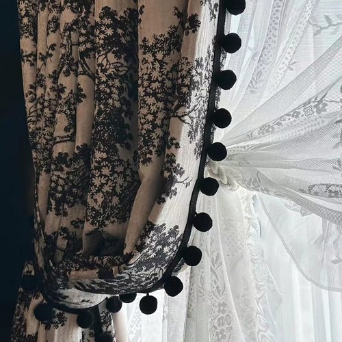 窗帘花边纯色毛毛球黑色珠子