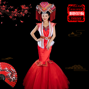 晴焱定制 夏上新 民族风 壮族服饰 刘三姐舞台套装 红色系