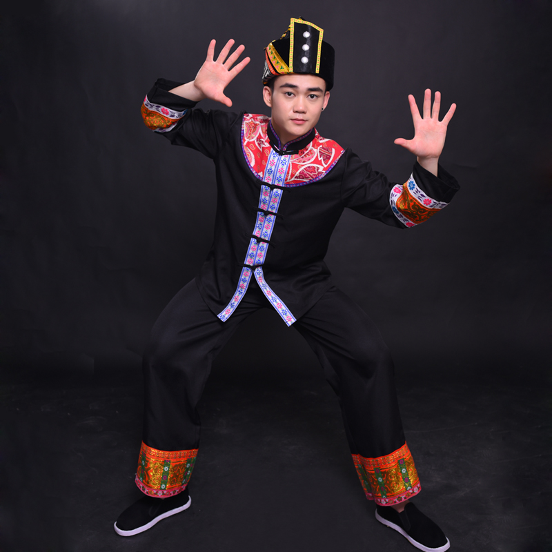 晴焱民族服装夏季新品仫佬族演出服装民族风餐饮工作服装男装