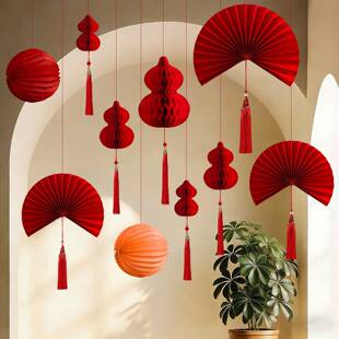 2026马年新年装饰折扇蜂窝灯笼挂件春节过年客厅商场店铺氛围布置